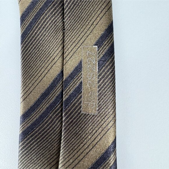 Brioni Mens Striped Silk Tie Tan Navy Hand Made in Italy Career Office Business - Picture 3 of 7